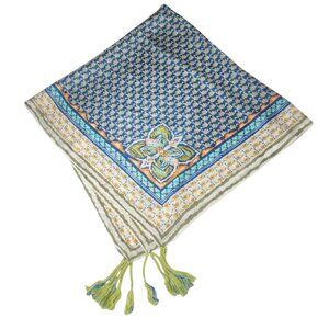 Johnny Was Silk Square Scarf Tasseled Floral Blue Multicolor Boho Bohemian Twee